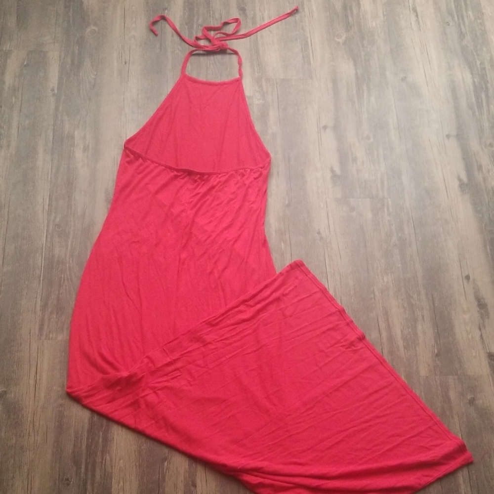 Red high neck halter maxi dress
